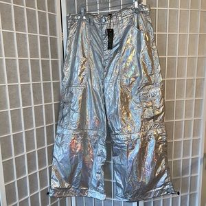 CARGO PANTS, NWT metallic SILVER holographic BONDAGE by CLUB EXX/DOLLSKILL
